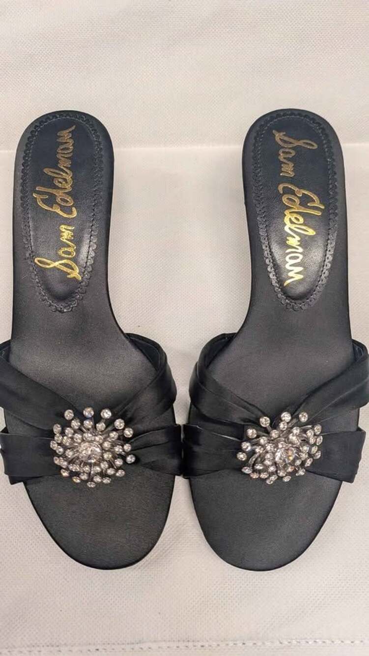 Sam Edelman Cindie Black Satin Rhinestone Brooch Kitten Heel Mules Slide Sandals